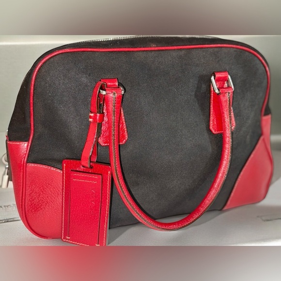 SOLD!! Not for Sale! Prada Cherry Red Brown Leather and Canvas Bowling Bag - Picture 7 of 14